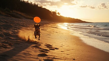 Obraz premium Dog chasing flying disc on beach at sunset.