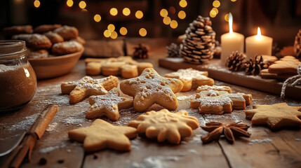 Fototapeta premium Festive Christmas Cookie Baking Scene with Star-Shaped Treats and Warm Lighting Ambiance
