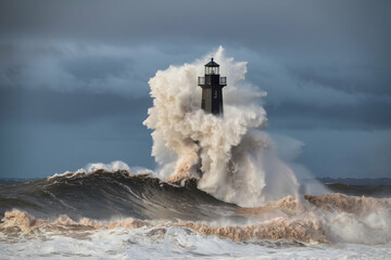 Fototapeta premium Lighthouse with massive wave crashing, symbolizing resilience in storm