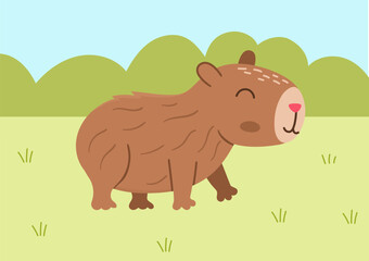 Vector capybara landscape illustration. Cute scenery with capibara standing on the grass. Funny scene with adorable animal in the clearing. Happy land background for kids with greenery, blue sky