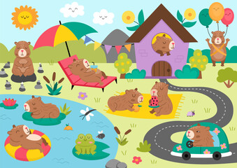 Vector capybara landscape illustration. Cute scenery with capibaras, pond, garden, house. Funny detailed scene with adorable animals swimming, relaxing, meditating. Happy land picture for kids