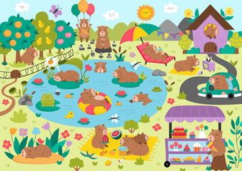 Fototapeta premium Vector capybara landscape illustration. Cute scenery with capibaras, pond, car, house. Funny detailed scene with adorable animals swimming, relaxing, meditating. Happy land picture for kids