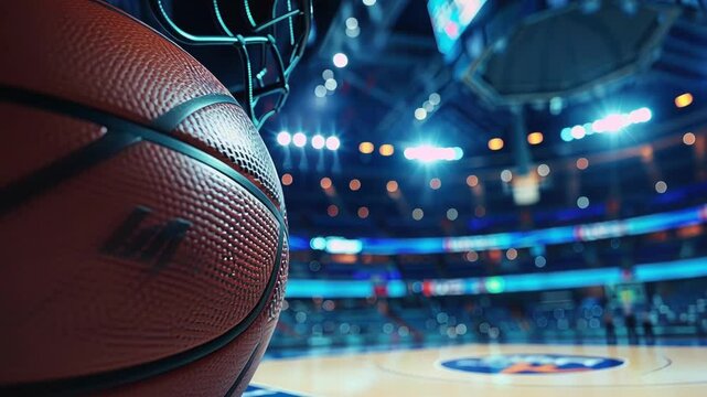 Close up of a basketball going through the hoop during a professional game inside a crowded stadium, with bright lights illuminating the scene