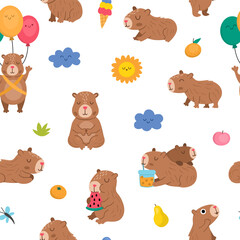 Vector capybara seamless pattern. Cute capibara repeat background with sun, clouds, balloons, tangerines. Funny digital paper with meditating, sleeping, relaxing, eating animals