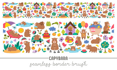 Vector capybara seamless border brush. Cute capibara animals horizontal repeat background with bath, fruit, reeds, birds, tangerines, meditating, sleeping, relaxing, swimming animals