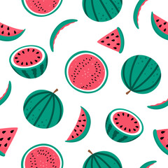 Vector watermelon seamless pattern. Hand drawn flat summer fruit repeat background. Cartoon digital paper with water melon peel, crust, piece, in slices and cut in two. Fresh food texture