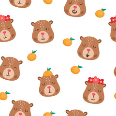 Vector capybara seamless pattern. Cute repeat background with happy, excited, relaxed capibara heads. Funny digital paper with cute animal faces showing different positive emotions