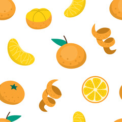 Vector tangerine seamless pattern. Hand drawn citrus fruit repeat background. Cartoon digital paper with orange peel, piece, in slices and cut in two. Fresh food texture
