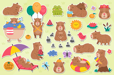 Vector capybara stickers set. Cute capibara animals patches collection with bath, fruit, reeds, birds. Funny guinea pigs meditating, sleeping, relaxing, swimming with tangerines, eating ice-cream