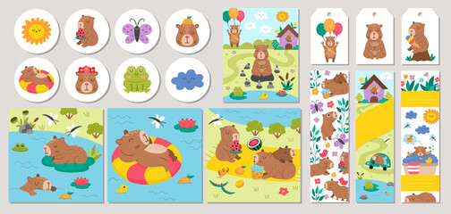 Cute capybara cards set with bath, fruit, reeds, birds. Vector cartoon capibara square, round, vertical print templates. Cute design for tags, postcards, ads with relaxing, meditating animals