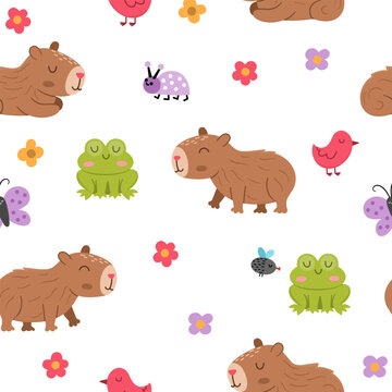 Fototapeta Vector capybara seamless pattern. Cute capibara repeat background with frog, bird, flower, butterfly, fly, bug. Funny digital paper with happy relaxed animals