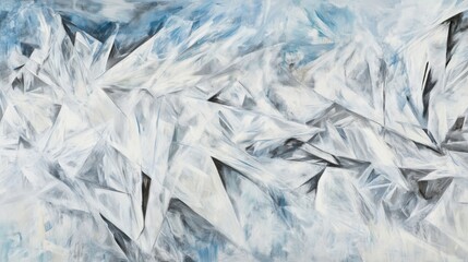 Jagged crystalline shards in frosty white, icy silver, and pale blue form abstract patterns resembling shattered ice and frozen landscapes, reflecting winter’s cold brilliance and chaotic beauty