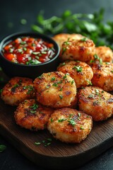 Breaded chicken strips or nuggets with two kinds of sauces and fried potatoes on a wooden Board. Fast food on dark brown background. with copy space