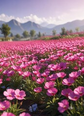 Obraz premium Vibrant pink flower field, sunlit, close-up view, pink petals, closeup, pretty