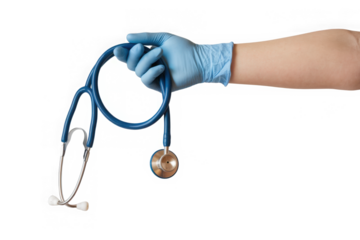 Hand in medical gloves holding a stethoscope on an empty background. Medical examination, healthcare assessment, doctor’s tools.
