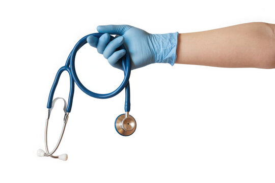 Hand in medical gloves holding a stethoscope on an empty background. Medical examination, healthcare assessment, doctor’s tools.
 - Powered by Adobe