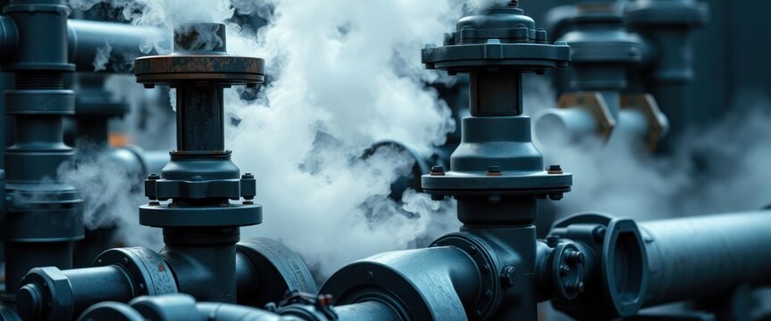 Close-up industrial pipes, valves release steam. Machinery, steam interconnected. Dynamic industrial process visible. Pipes, fittings show intricate design. Heavy-duty components show operational