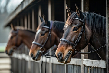 Fototapeta premium Groom caring for horses in stable at sunset