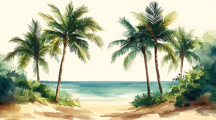Obraz premium Watercolor painting of tropical beach scene with palm trees and ocean.
