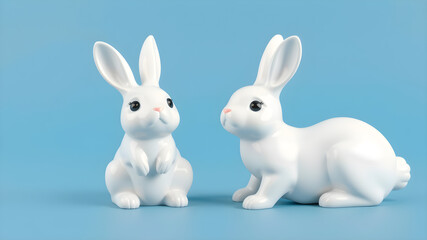 Obraz premium 3d illustration of two cute white ceramic rabbit decorations. Animal characters isolated on blue background. Generative AI