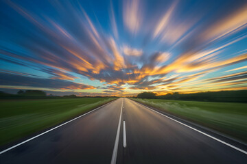 Smooth road extends under vibrant, moving clouds and glowing sky