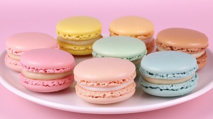 Eight pastel-colored macarons arranged on a white plate against a pink background.
