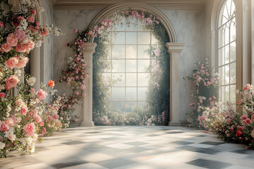 Elegant Fabric Flower Backdrop with Long Transparent Petals, Perfect for Wedding Photoshoots and Romantic Events