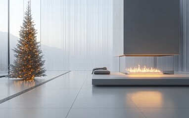 Fototapeta premium A minimalist room with a frosted glass fireplace, a contemporary Christmas tree glowing softly, and subtle festive garlands