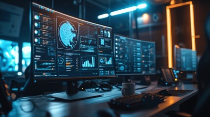 Dynamic scene of multiple monitors in a cybersecurity center showcasing real-time analytics, data visualizations, and a high-tech environment. AI generated.