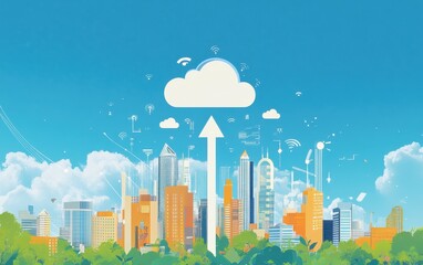 Obraz premium A digital cityscape with an arrow pointing up and to the right, symbolizing growth in cloud technology tech symbols like cables or data streams Generative AI