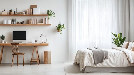 Minimalist bedroom with wooden desk, shelves, bed, and plants near window.