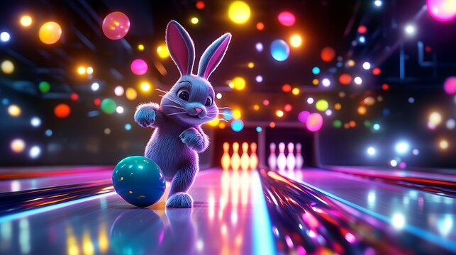 A fluffy bunny rabbit bowls at a neon bowling alley