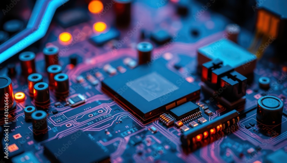 Poster closeup view of complex electronic circuit board. tech components glow with vibrant colors. modern t