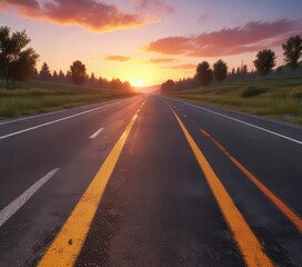 Fototapeta premium Sunrise paints vibrant hues across rural asphalt highway , landscape, light, vastness