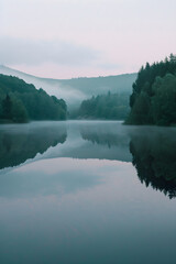 Fototapeta premium Misty Morning Serenity by the Lake: A Tranquil Landscape Reflecting the Beauty of Dawn