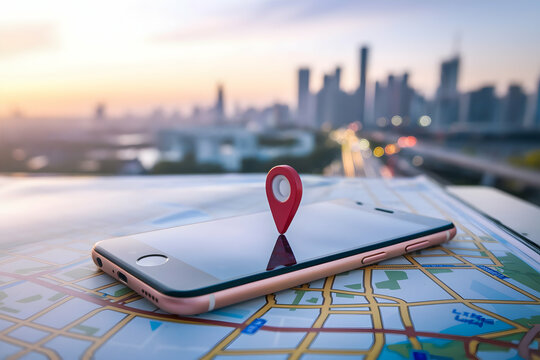 Smartphone on map with location pin, cityscape and sunset suggesting exploration
