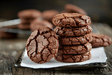 Fototapeta premium Crinkled chocolate cookies stacked on rustic wood, with blurred background focus