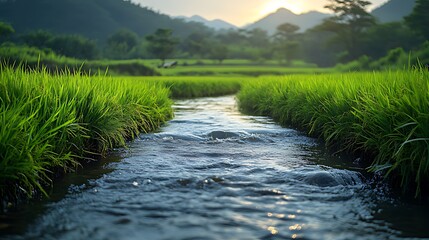 Serene stream flows through vibrant green rice paddy fields at sunset, mountains in the background.