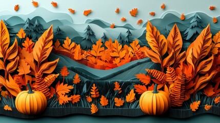 A vibrant 3D paper art depiction of an autumn landscape with colorful leaves and pumpkins, showcasing intricate details in orange and green hues.