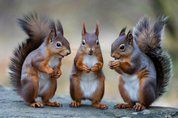 Obraz premium Three squirrels pose playfully on a rock with blurred natural background