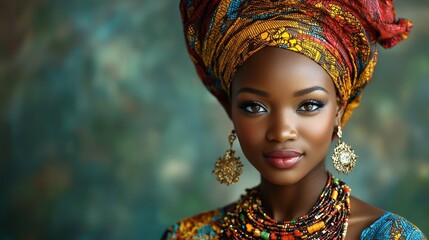 Fototapeta premium African woman in traditional attire with colorful headwrap and jewelry, smiling, young adult