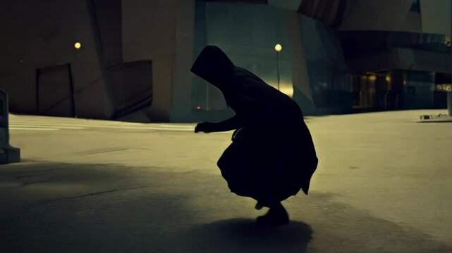 Man dressed in black and using cloak running in the street