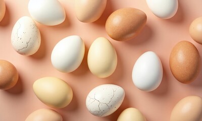Assorted eggs Various colors and textures Peach background