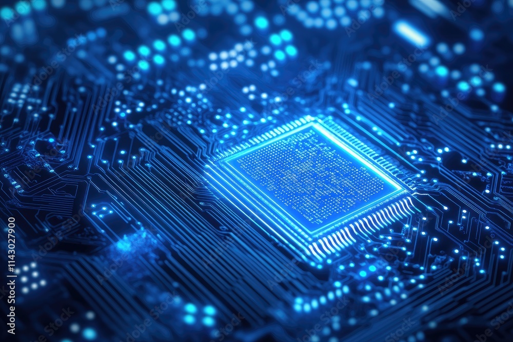 Aufkleber A close-up of an advanced microchip on a circuit board, glowing with blue lights and intricate patterns, symbolizing high-tech innovation in a data center or computer system design concept
