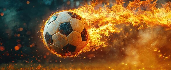 Fototapeta premium Flaming soccer ball in motion with fiery trail on dark background capturing dynamic energy