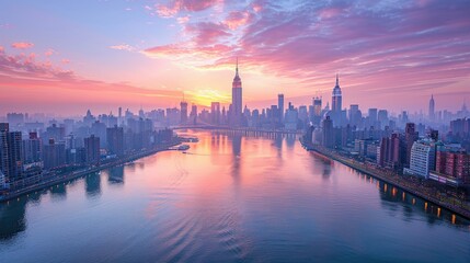 Obraz premium A stunning sunrise over a city skyline reflecting on the water.