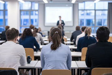 Classroom setting, seated audience facing presentation screen, natural light filled atmosphere