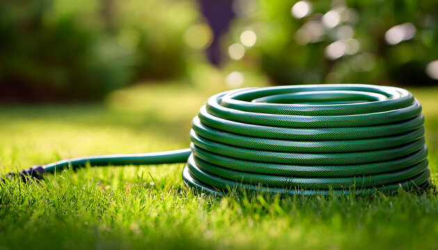 Green garden hose on green lawn. Fresh grass. Gardening tools and equipment concept.