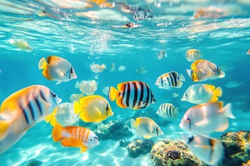 Underwater scene with school of tropical fish near coral reef.