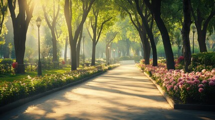 Sunlit park path with flowering bushes and trees.